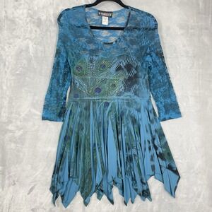 Pyramid Collection Blue Peacock Studded Lace Tunic A-Line Top S Fairy Whimsigoth